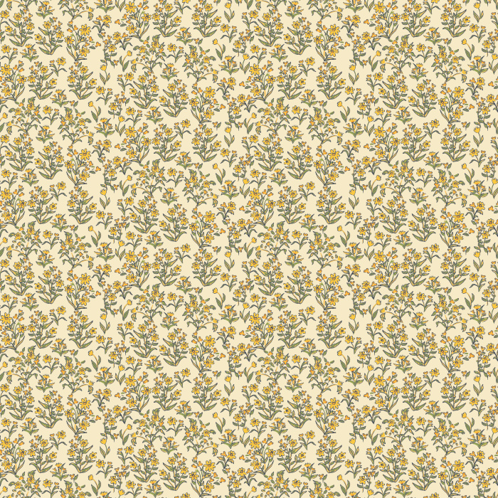 Little Garden wallpaper features a ditsy floral pattern with navy blossoms and blush accents on a warm taupe background.