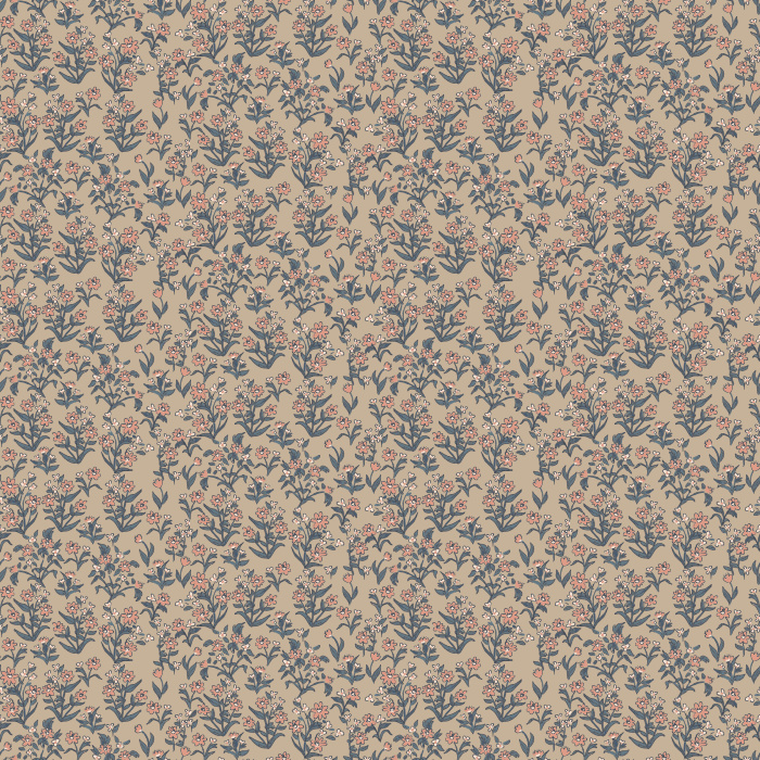 Little Garden wallpaper features a ditsy floral pattern with navy blossoms and blush accents on a warm taupe background.