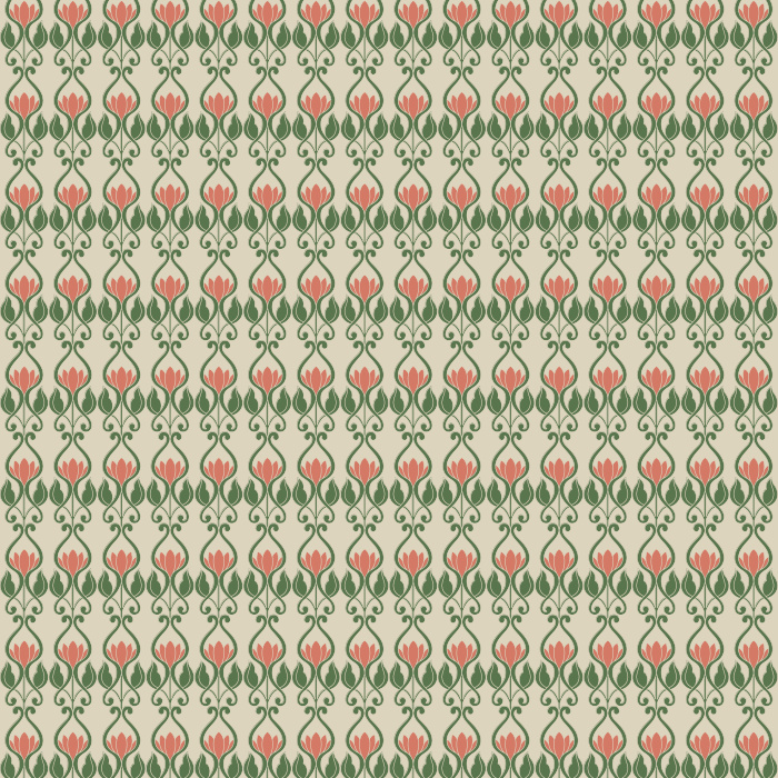Blush Ornament wallpaper features blush and sage motifs on a deep forest green background for an elegant, timeless look.