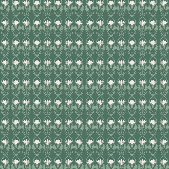 Blush Ornament wallpaper features blush and sage motifs on a deep forest green background for an elegant, timeless look.