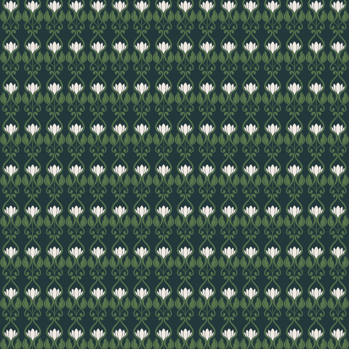 Blush Ornament wallpaper features blush and sage motifs on a deep forest green background for an elegant, timeless look.