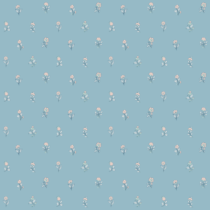 Mini Blooms wallpaper features soft pink flowers and green leaves on a deep navy background for a sweet yet sophisticated look.