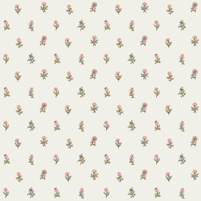 Mini Blooms wallpaper features soft pink flowers and green leaves on a deep navy background for a sweet yet sophisticated look.