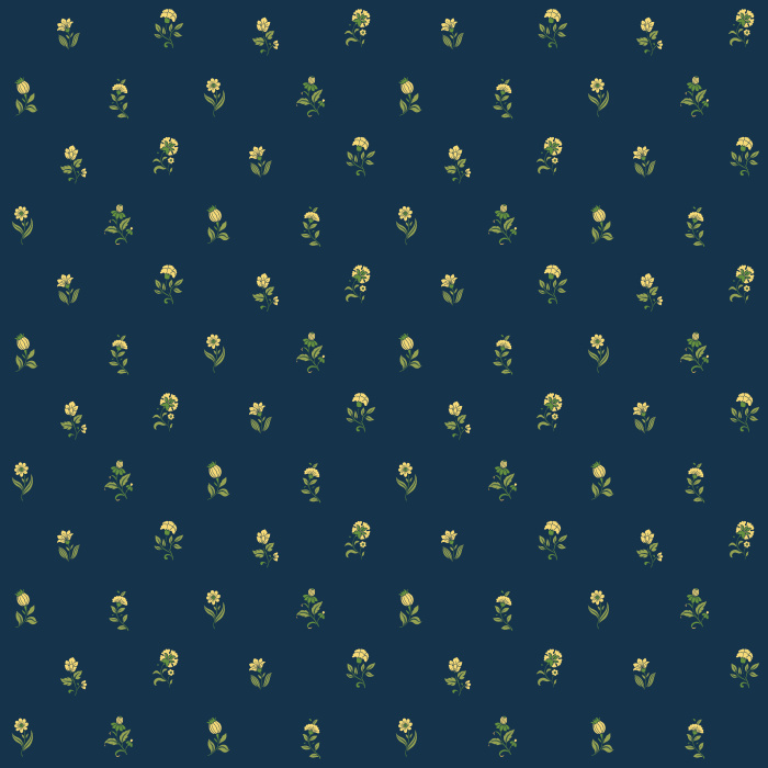 Mini Blooms wallpaper features soft pink flowers and green leaves on a deep navy background for a sweet yet sophisticated look.