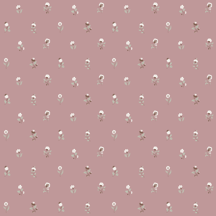 Mini Blooms wallpaper features soft pink flowers and green leaves on a deep navy background for a sweet yet sophisticated look.