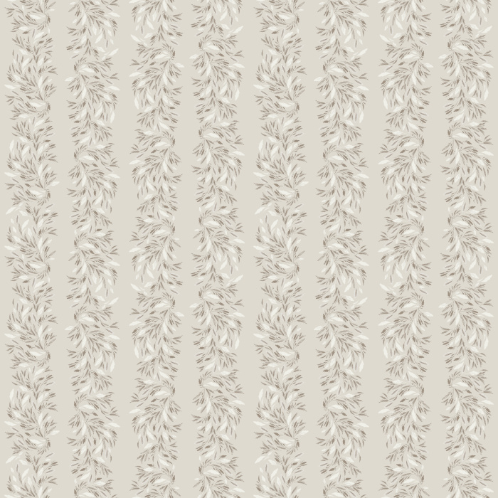 Vertical floral stripe wallpaper in soft taupe on cream, adding timeless elegance to bedrooms, dining rooms, or hallways.