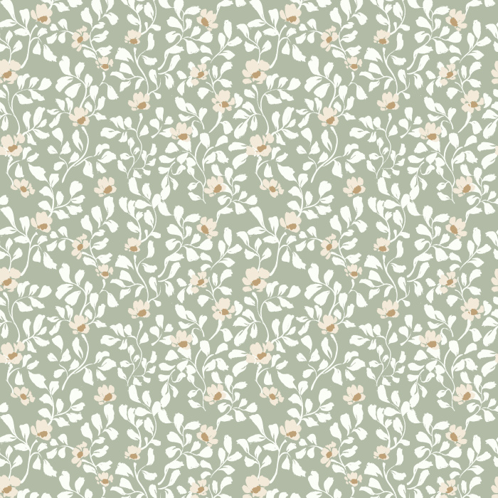 Create a serene and romantic atmosphere with our Feminine Floral wallpaper, featuring soft white and peach blooms on muted sage green.