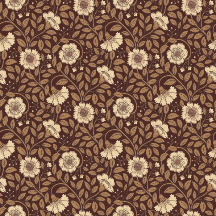 Make a bold statement with our Floral Reverie wallpaper, featuring pink blossoms and golden vines on a rich navy background.