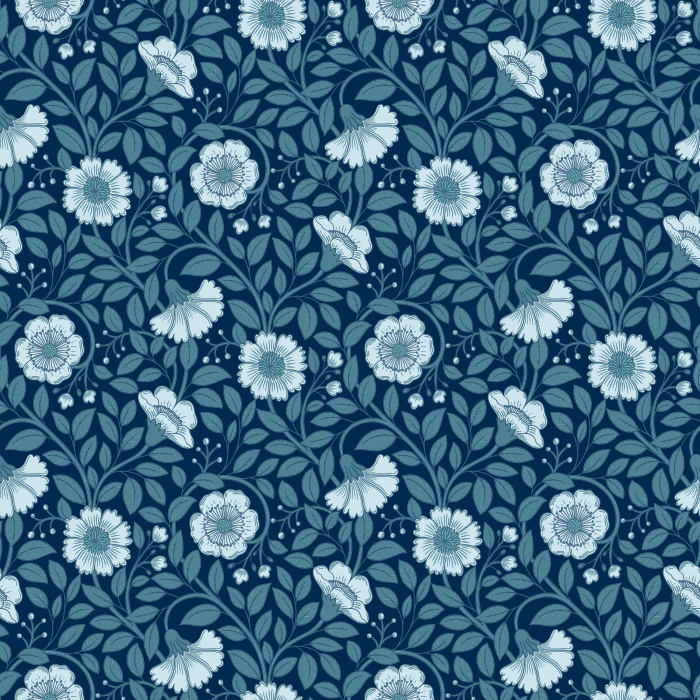 Make a bold statement with our Floral Reverie wallpaper, featuring pink blossoms and golden vines on a rich navy background.