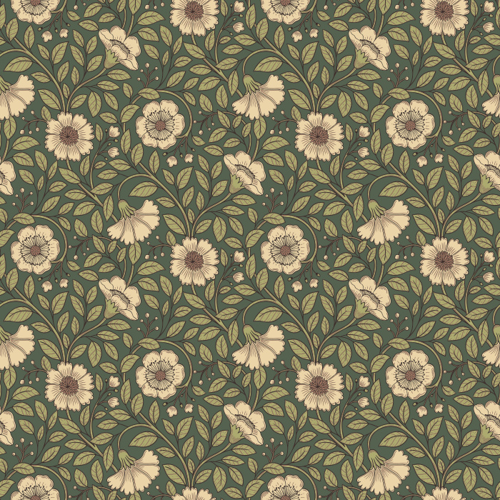 Make a bold statement with our Floral Reverie wallpaper, featuring pink blossoms and golden vines on a rich navy background.