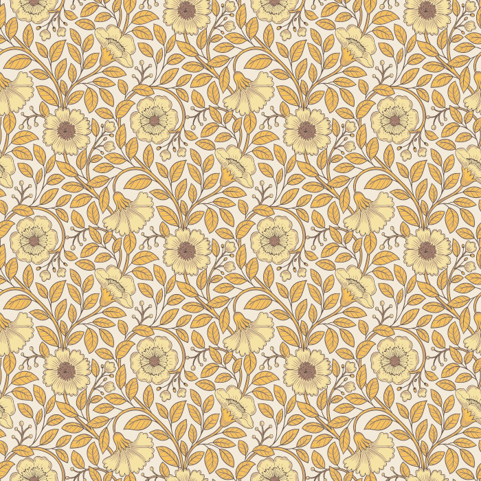 Make a bold statement with our Floral Reverie wallpaper, featuring pink blossoms and golden vines on a rich navy background.
