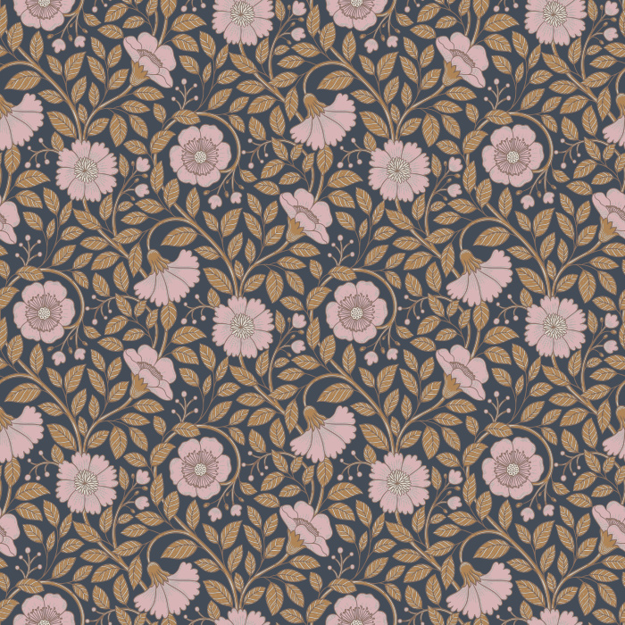 Make a bold statement with our Floral Reverie wallpaper, featuring pink blossoms and golden vines on a rich navy background.