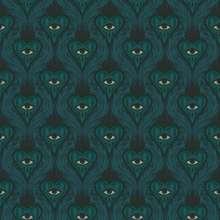 Add mystery and intrigue with our Occult Eyes wallpaper, a dark teal mystical eye pattern perfect for bold, dramatic interiors.
