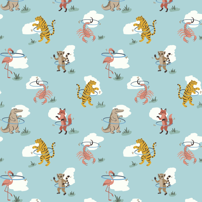 Bring playful charm to your walls with our Hula Animals wallpaper, featuring whimsical dancing animals on a soft beige background.