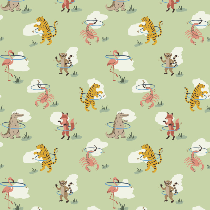 Bring playful charm to your walls with our Hula Animals wallpaper, featuring whimsical dancing animals on a soft beige background.