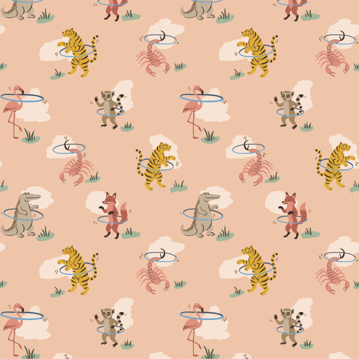 Bring playful charm to your walls with our Hula Animals wallpaper, featuring whimsical dancing animals on a soft beige background.