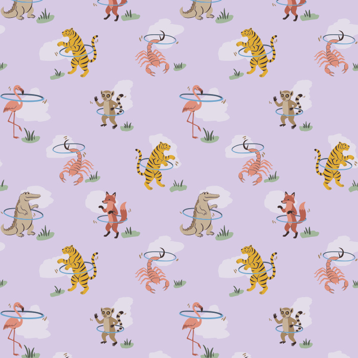 Bring playful charm to your walls with our Hula Animals wallpaper, featuring whimsical dancing animals on a soft beige background.