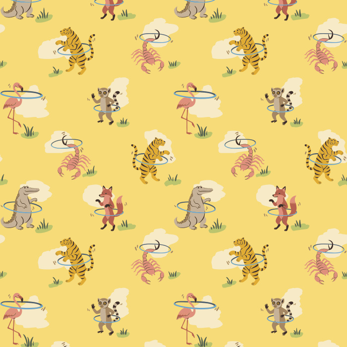 Bring playful charm to your walls with our Hula Animals wallpaper, featuring whimsical dancing animals on a soft beige background.