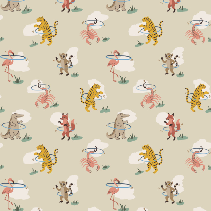 Bring playful charm to your walls with our Hula Animals wallpaper, featuring whimsical dancing animals on a soft beige background.
