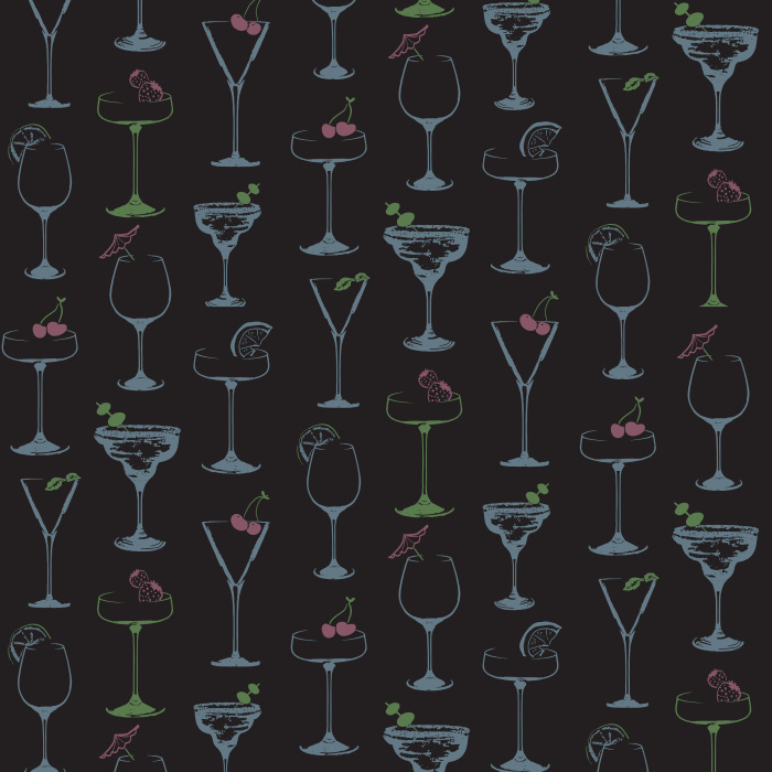 Celebrate style with our Easy Breezy wallpaper, featuring golden cocktail glasses with red accents on a deep green background.