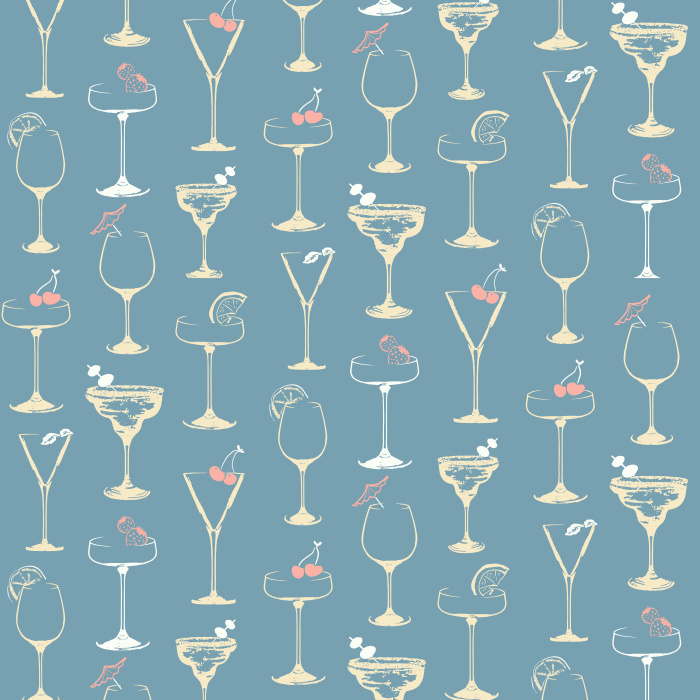 Celebrate style with our Easy Breezy wallpaper, featuring golden cocktail glasses with red accents on a deep green background.