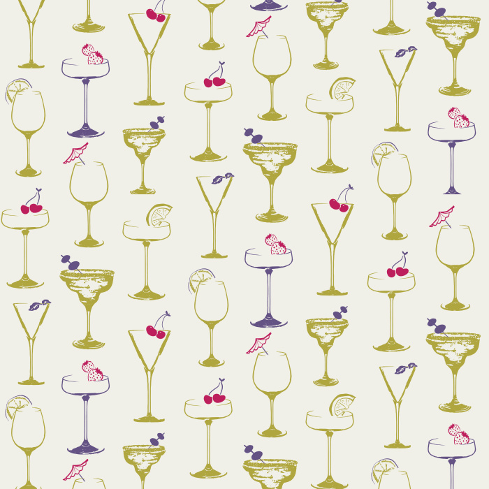 Celebrate style with our Easy Breezy wallpaper, featuring golden cocktail glasses with red accents on a deep green background.