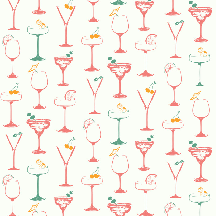 Celebrate style with our Easy Breezy wallpaper, featuring golden cocktail glasses with red accents on a deep green background.