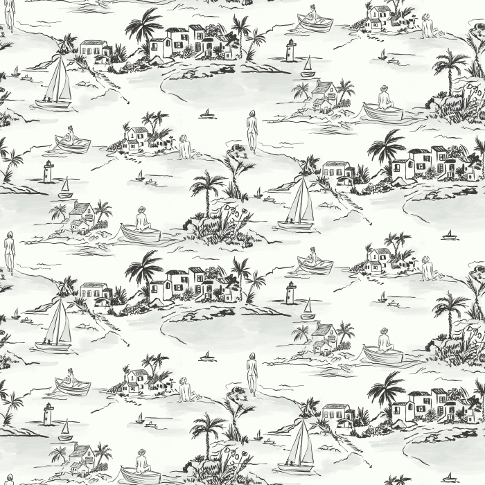 Escape to a coastal retreat with our Nude Beach wallpaper, featuring whimsical blue-and-white toile-style tropical beach scenes.