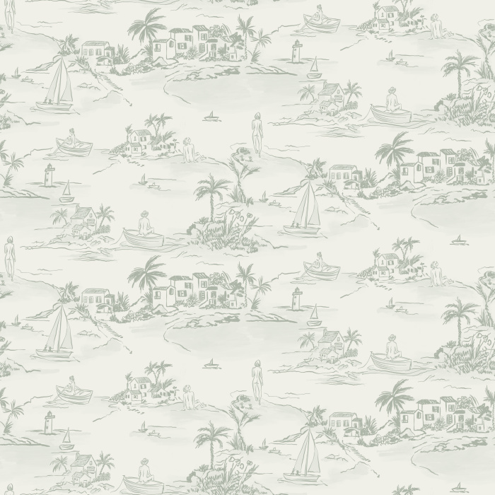 Escape to a coastal retreat with our Nude Beach wallpaper, featuring whimsical blue-and-white toile-style tropical beach scenes.