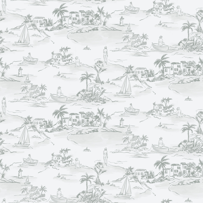 Escape to a coastal retreat with our Nude Beach wallpaper, featuring whimsical blue-and-white toile-style tropical beach scenes.
