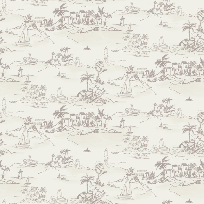 Escape to a coastal retreat with our Nude Beach wallpaper, featuring whimsical blue-and-white toile-style tropical beach scenes.