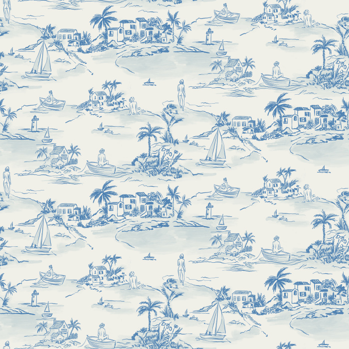 Escape to a coastal retreat with our Nude Beach wallpaper, featuring whimsical blue-and-white toile-style tropical beach scenes.