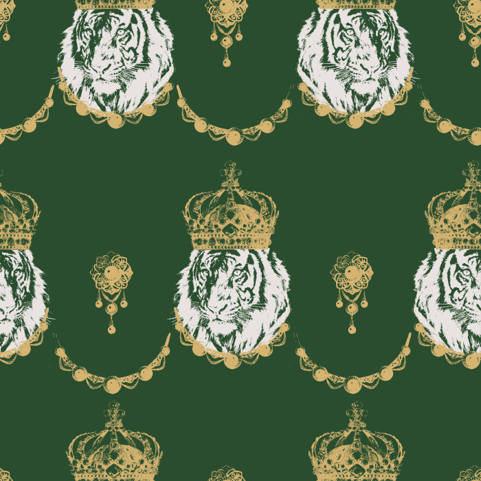 Make a royal statement with our Crowned Tiger wallpaper, featuring majestic white tigers with golden crowns on a dark background.