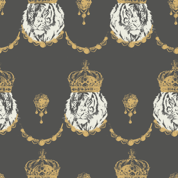 Make a royal statement with our Crowned Tiger wallpaper, featuring majestic white tigers with golden crowns on a dark background.
