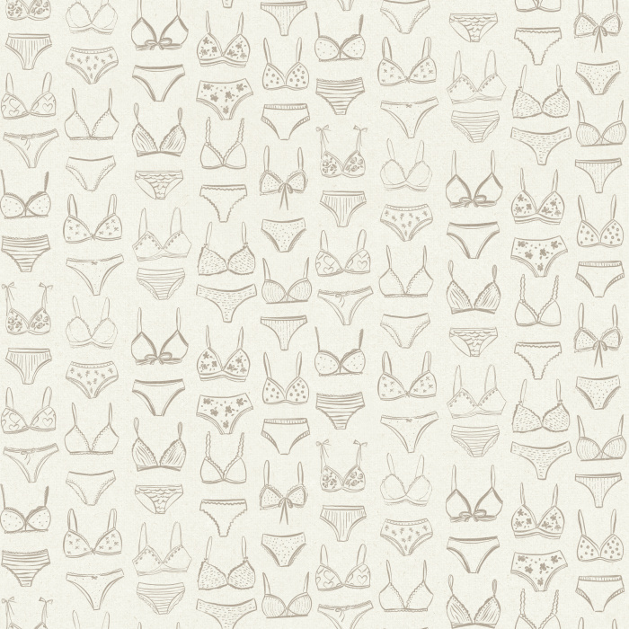 Add a playful touch with our Laced Comfort wallpaper, featuring blush pink lingerie line art on a pale background.