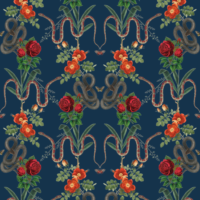 Unleash bold drama with our Snakes & Roses wallpaper, featuring serpents and red roses against a striking black background.