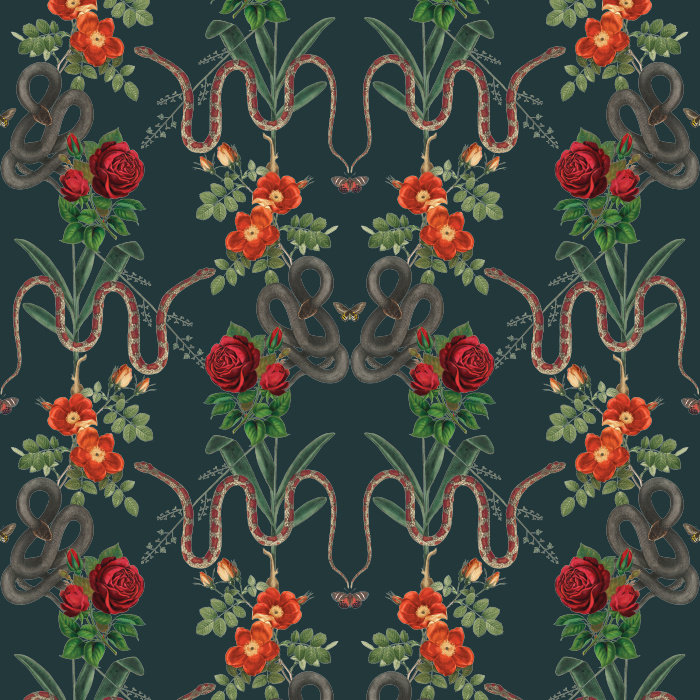 Unleash bold drama with our Snakes & Roses wallpaper, featuring serpents and red roses against a striking black background.