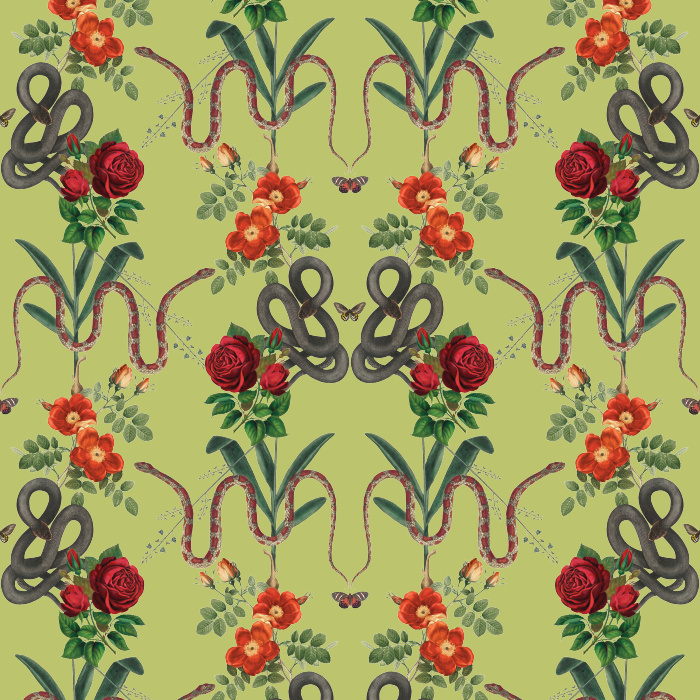 Unleash bold drama with our Snakes & Roses wallpaper, featuring serpents and red roses against a striking black background.