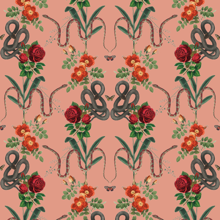 Unleash bold drama with our Snakes & Roses wallpaper, featuring serpents and red roses against a striking black background.