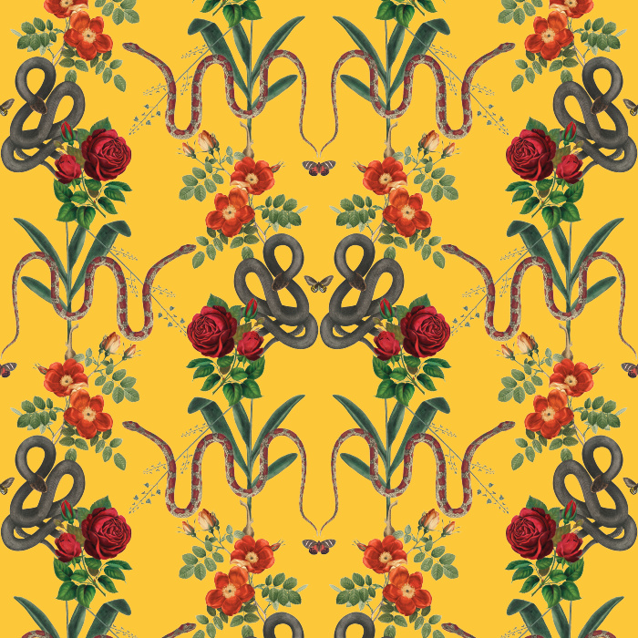 Unleash bold drama with our Snakes & Roses wallpaper, featuring serpents and red roses against a striking black background.