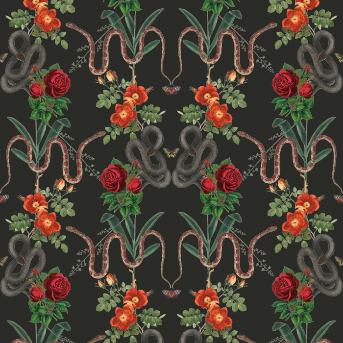 Unleash bold drama with our Snakes & Roses wallpaper, featuring serpents and red roses against a striking black background.