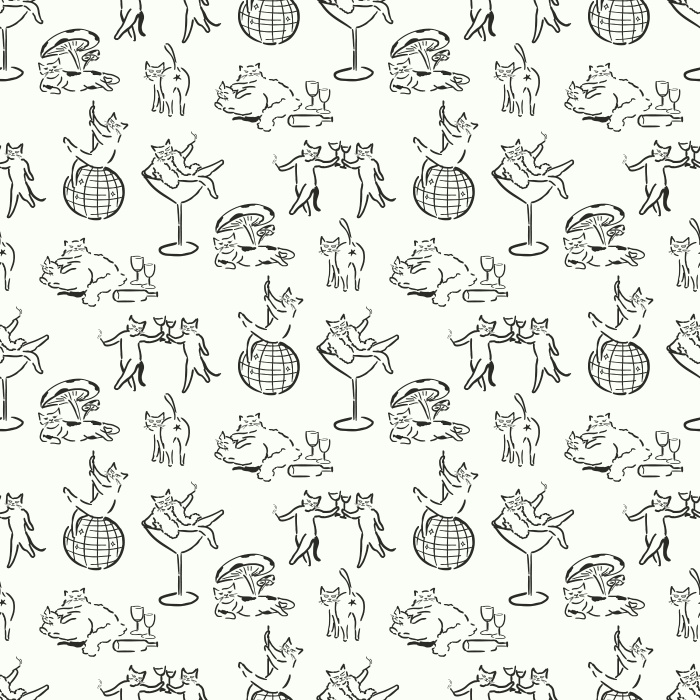 Add quirky charm with our Cat Debauchery wallpaper, featuring playful black-and-white line art cats in whimsical party scenes.