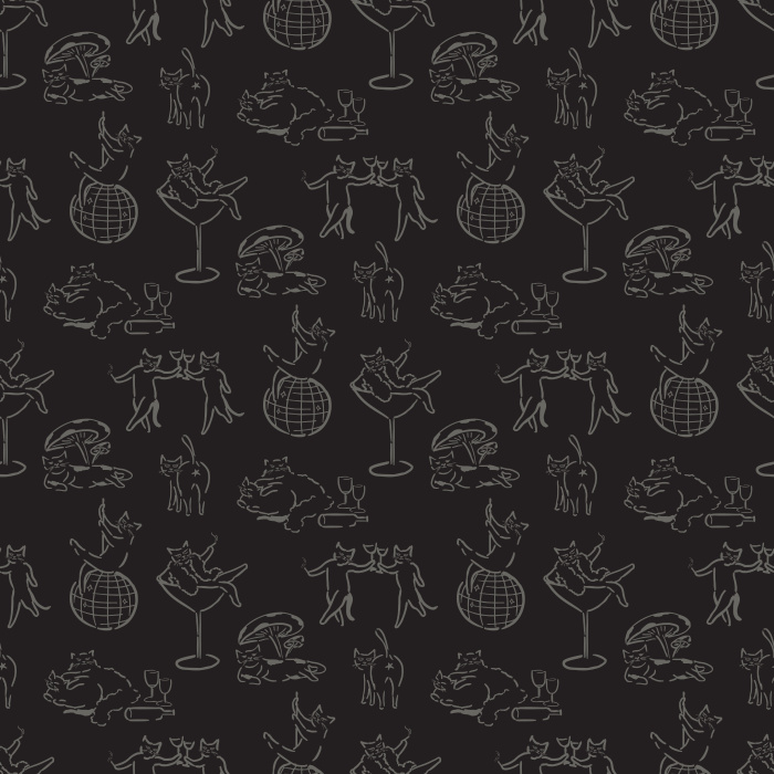 Add quirky charm with our Cat Debauchery wallpaper, featuring playful black-and-white line art cats in whimsical party scenes.