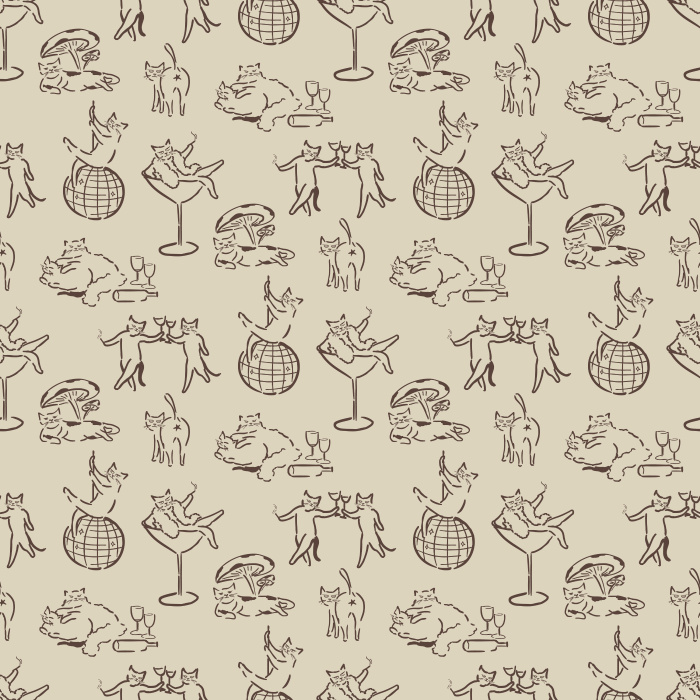 Add quirky charm with our Cat Debauchery wallpaper, featuring playful black-and-white line art cats in whimsical party scenes.
