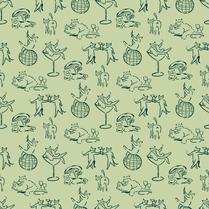 Add quirky charm with our Cat Debauchery wallpaper, featuring playful black-and-white line art cats in whimsical party scenes.