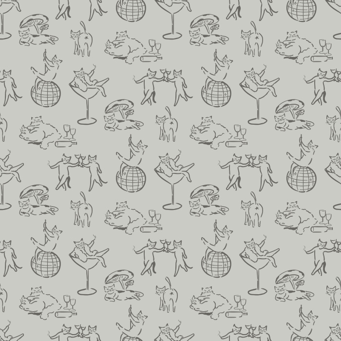 Add quirky charm with our Cat Debauchery wallpaper, featuring playful black-and-white line art cats in whimsical party scenes.