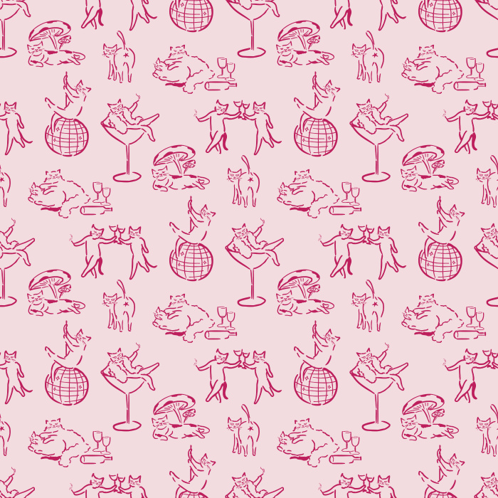 Add quirky charm with our Cat Debauchery wallpaper, featuring playful black-and-white line art cats in whimsical party scenes.