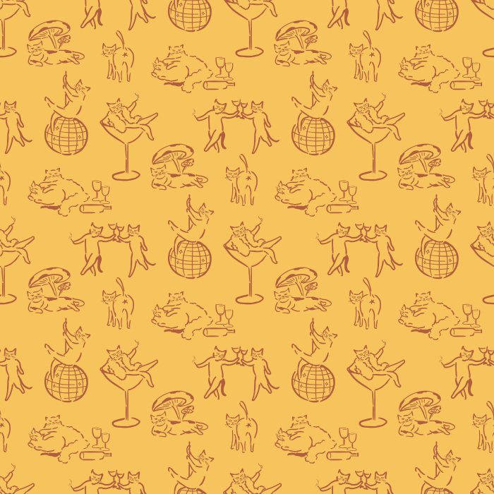 Add quirky charm with our Cat Debauchery wallpaper, featuring playful black-and-white line art cats in whimsical party scenes.