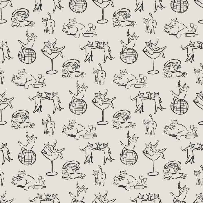 Add quirky charm with our Cat Debauchery wallpaper, featuring playful black-and-white line art cats in whimsical party scenes.