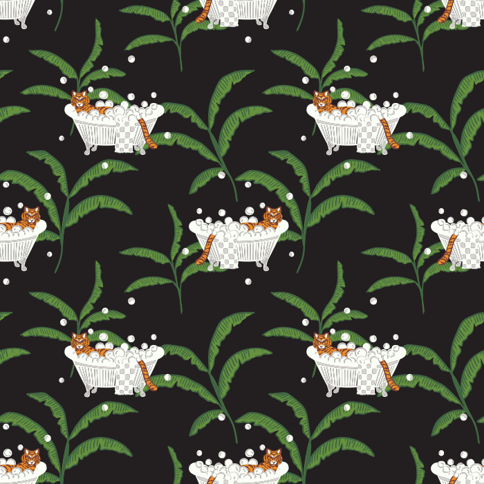 Add a whimsical twist with our Tigers & Bathtubs wallpaper, featuring playful tigers lounging in tubs among green palms.